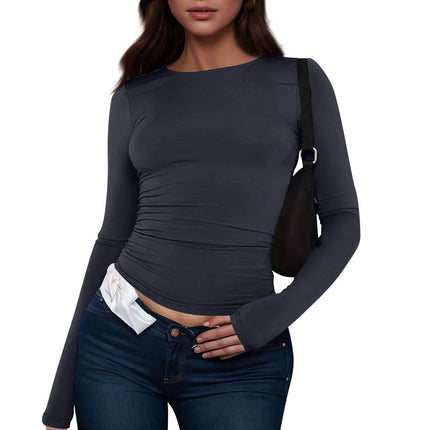 Women Fashion Casual Long Sleeve T-Shirt Lady Minimalist Style Solid Color Round Neck Top Female Casual Skinny Daily Clothes
