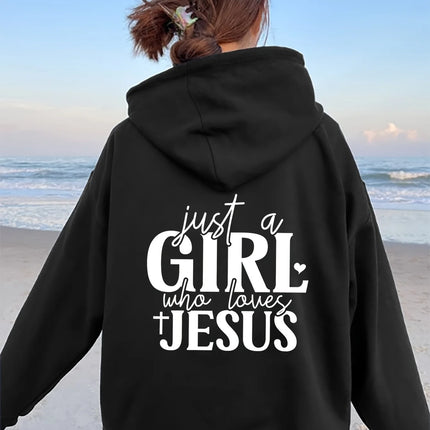 Just a Who Loves Jesus Hooded Pullover with Alphabet Print Long Sleeves Kangaroo Pocket Casual Sweatshirt for Women Minimalist
