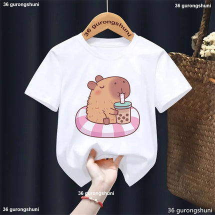 Funny T-Shirt Capybara With Turtle Loves Bubble Milk Tea Printed T-Shirt Girls/Boys Kawaii Kids Clothes Harajuku Shirt Tops