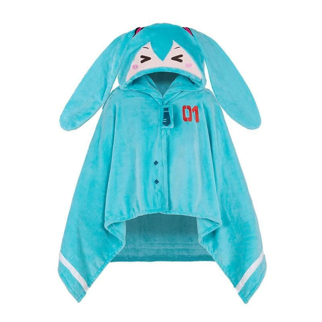 160x100cm Kawaii Hatsune Miku Multifunction Hooded Air Conditioning Blanket Soft And Warm Siesta Shawl Miku Flannel Cloak Gifts