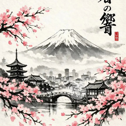 Japanese Ink Painting Landscape Spring Cherry Blossoms Canvas Print Asian Style Wall Art Poster for Living Room Home Decor Gift