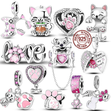 Charms 925 Sterling Silver Cute Cat Collection Charms Beads Paw Print Pendant Beads Fit Original DIY Bracelet Gift Women Jewelry