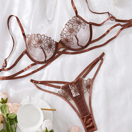 High-End Floral Embroidered Underwire Bra Set, Women's Mesh Unlined Bra + Panties