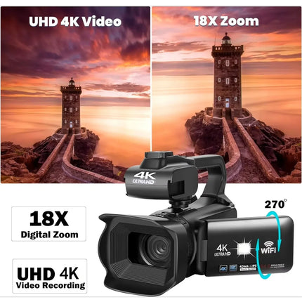 4K Ultra HD Professional Video Cameras for Photography 18X Digital Zoom YouTube Live Streaming Camcorders 64MP Vlogging Recorder