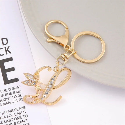 A-Z Rhinestone Elf Girl Letter Keychain Gold Color Initial Name Keyrings Girls Car Key Holder Handbag Purse Charms Decoration