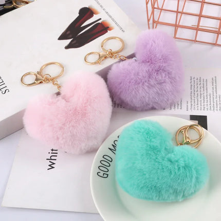 New Heart Plush Hair Ball Keychain Women Leopard Pompom Love Car Key Chain Bags Pendant Hairball Key Rings Jewelry llaveros 키링