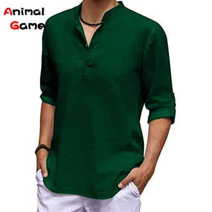 New Men's Linen Long Sleeve V-neck T Shirt Solid Color Oversize Casual Shirt Cotton Shirt Plus Size Yoga Button Shirts for Men