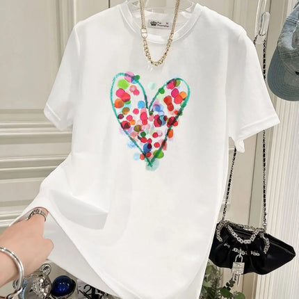 Summer Fashion Hand-Painted Polka Dot Printing T-shirts Women Pure Cotton O-neck Short Sleeve Top Tees Casual Loose Pullover