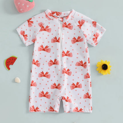 Summer Toddler Baby Girl Short Sleeve Swimwear Bathing Suit Infant Rash Guard Swimsuit Kids Cherry/Bow Print Zipper Beachwear