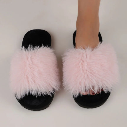 Women's Plush Faux Fur Slippers Winter House Carpet Fluffy Sandals Spring Autumn Outdoor Walking Open Toe Flip Flops