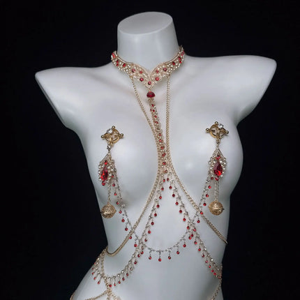 Ruby Red Sexy Body Chain Chest Chain Collar Waist Chain Nipple Clamps Nipple Stimulation Women's Wear Adult Toy SM Training Tool