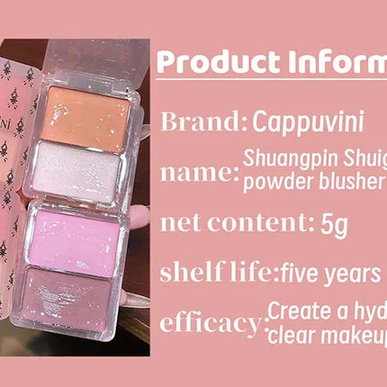 Cappuvini Double Water Glow Blush Cream Hydrating Blusher with Fine Shimmer Natural Makeup Effect Blush Palette