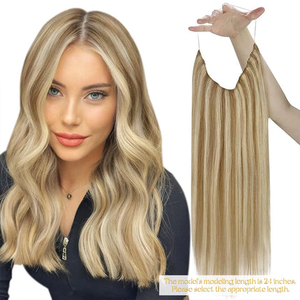 VeSunny Fish Line Human Hair Extension Wire Natural Hair One Piece Invisible Wire Hair Weft with 2 Clips Blonde Soft Remy Hair