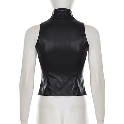 Punk Street Style Spice Girl Turtleneck Metal Buckle PU Leather Vest Slim Fit Sexy Short Sleeveless Top