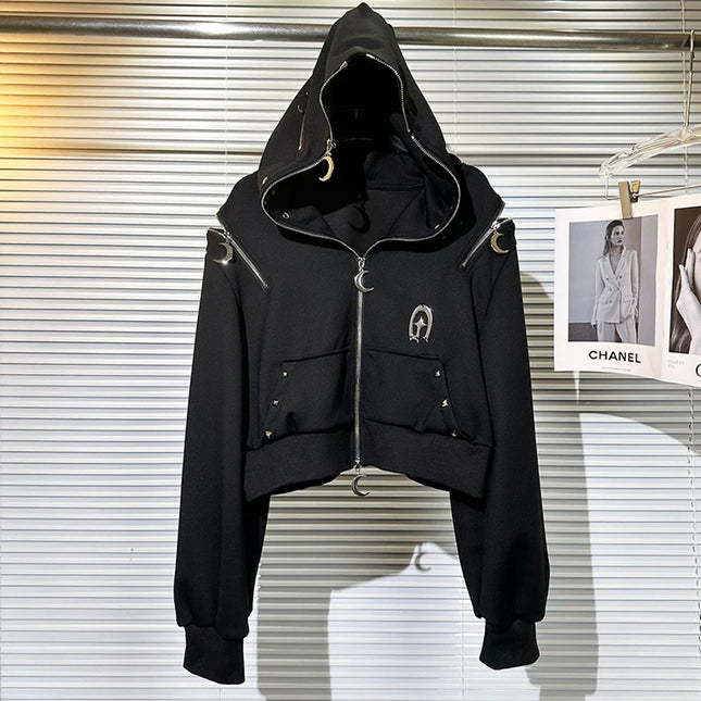 Y2K Subculture Dark Style Hot Girl Hooded Sweatshirt Jacket for Women Autumn Winter New Zipper Off-Shoulder Loose Top