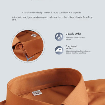 Long sleeved shirt for men's business casual orange non ironing wrinkle resistant elastic solid color men's shirt new style