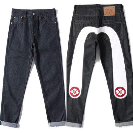 Men's Japanese Handmade Embroidered Jeans Pure Cotton Straight Tube Hip-Hop Popular Slim Red Ears Show Thin Trousers Devil Black