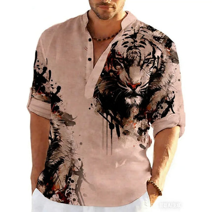 Spring and Autumn 3D Button Polo Shirt Graffiti Stand Collar New Casual Long Sleeved Polo Shirt