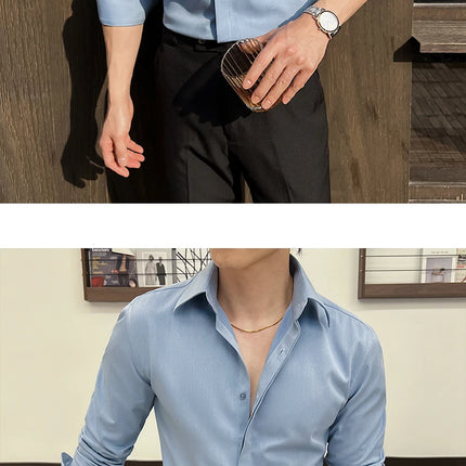 Men's White Long-Sleeve Dress Shirt - Slim Comfortable Fabric. Ideal for Formal Events & Everyday Wear. Classic & Modern Design