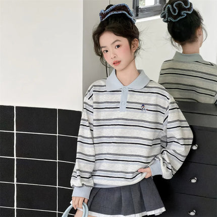 New Spring Children Long Sleeve Striped Cotton Polo Shirts for Teen Girls Casual Clothing School Kids Elegant Sweatshirt Coat