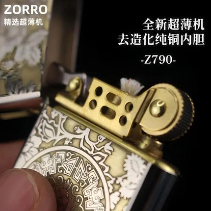 ZORRO 790 Genuine Ultra-thin Windproof Original Copper Lighter Double-sided Engraved Wheel Lighter Lighter Men's High-end Gifts