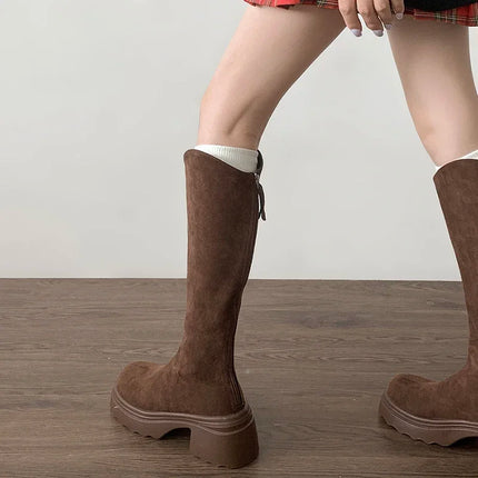 New Vintage Women Stretch Slim High Boots Fashion Back Zippers Shoes Autumn Winter Thick Heel Ladies Knight Long Booties 2025