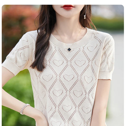 New Summer Fashion 100% Pure Cotton Women's Sweater Short sleeved Casual O-neck Pullover T-shirt Loose Knitted Hollow Top