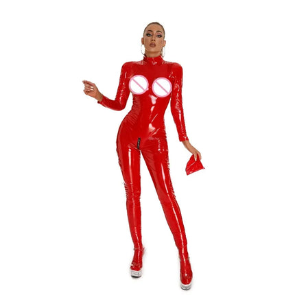 Women PVC 3D Full Bodysuit Latex Elasitc Sexy Tight Faux Leather Oil Shiny Bandage Bodycon Jumpsuit Cosplay Club Wear