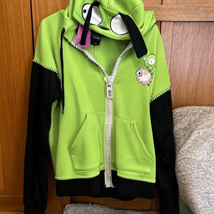 Retro Gothic Hip Hop Hoodie Featuring Quirky Patchwork Zipper Hoodie Y2K Men Women Green Casual Cartoon Hoodie Loose Sweatshirt