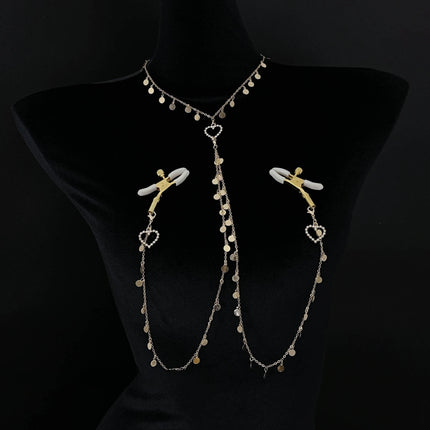 Metal Sequined Heart Nipple with Long Chain Clamps Pair Bells  Chain Clips BDSM Women Toys Adult Sex Games Breast Stimulate 18+