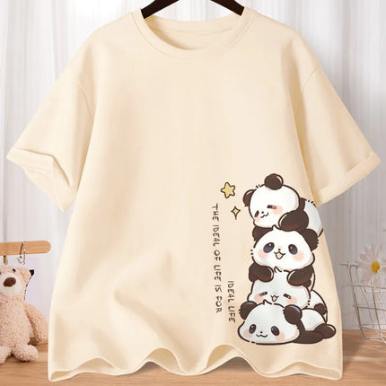 Summer Cartoon Cute Treasure Panda Sweet Printed Short Sleeve T-shirt Women's Loose Leisure Soft Bottom Oversized Shirt Top