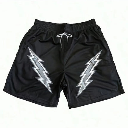 Black Basic Lightning Bolt Shorts, Worn Outdoors and Indoors in Summer