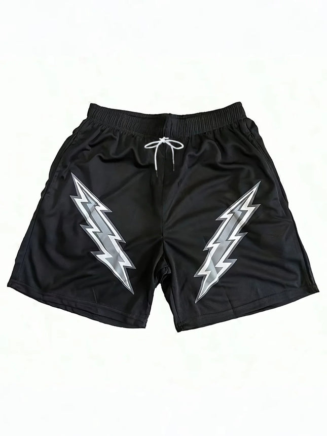 Black Basic Lightning Bolt Shorts, Worn Outdoors and Indoors in Summer
