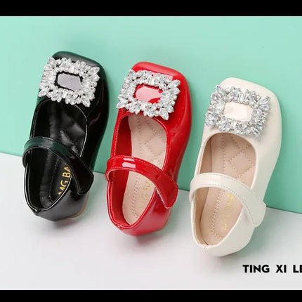 Baby Girls Leather Shoes for Party Wedding Kids Black Mary Janes with Rhinestone Buckle Princess Sweet Chic Children's Flats New