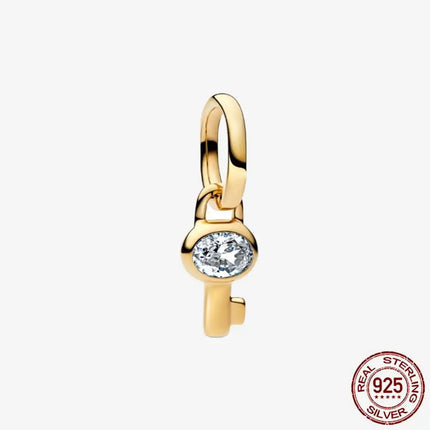 Key & Lock 925 Sterling Silver Pave Moon Heart Flower Dangle Charms Fit Original Bracelet Beads Jewelry DIY Gift plata de ley