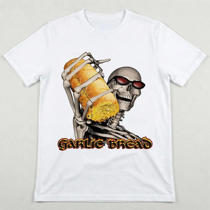 2026 New Garlic Bread Funny Meme Graphic T-Shirt Men's Women's Skull Pattern Print Tee Y2K Streetwear Fun Short-Sleeve Top