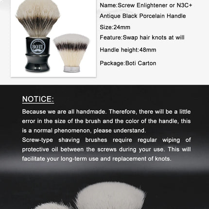 Boti Screw Type Brush Enlightener Badger and N3C Synthetic with Antique Black Porcelain Resin Handle for Easy Replaceable Knot
