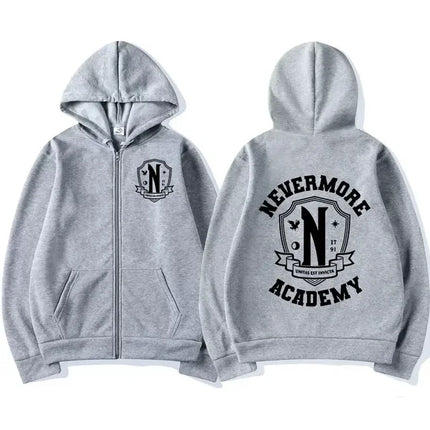 Men Women Nevermore Academy Logo Print Graphic Zipper Hoodie Casual Long Sleeve Harajuku Oversized Zip Up Coats Hoodies