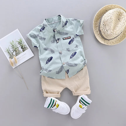 0-3 year old baby summer feather printed shirt short sleeved shorts set with fashionable cartoon random printing 2-piece set wit