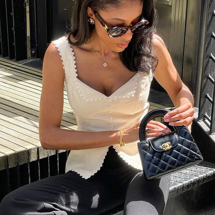 Linad Vintage Khaki Lace Spaghetti Strap Vest 2026 Elegant Square Collar Single Breasted Camis Street Chic Sleeveless Top Female