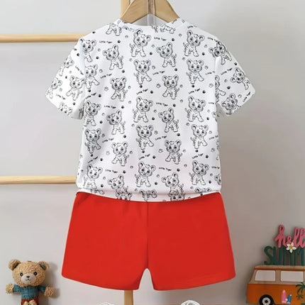 Toddler Tiger Graphic 2-Piece Outfit Set: White Cartoon Tiger T-Shirt + Red Shorts (0-3T) - Cute Kids Summer Casual Clothes