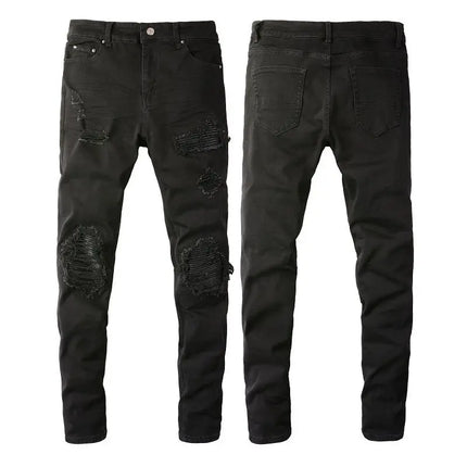 High Street 2025 Korean Luxury Clothing Brand Black Jeans Men's Scratched Patch Beggar Cowboy Elastic Slim Small Foot Pants