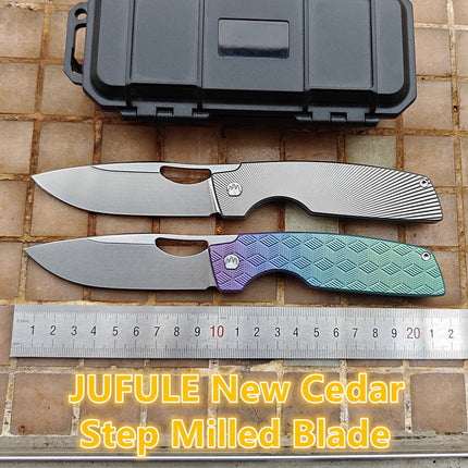 JUFULE New Cedar Step Milled Blade Utility Folding Knife Titanium Handle Ceramic Bearings 154CM Kitchen Outdoor EDC Camping Tool
