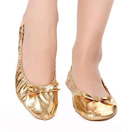 Comfortable Bowknot Belly Dancing Shoes Leather Golden Indian Dance Shoes Foldable Round Toe Foldable Ballet Flats Ladies
