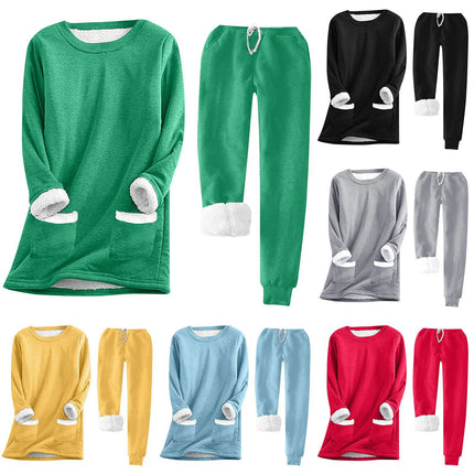 Women Winter Thicken Pajama Sets Fleece Warm Lined Long Sleeve Sweatshirt Sweater With Pant Suits 2pcs Bottoming Thermal Sets