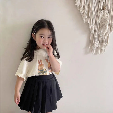 2025 Summer Kids Clothes Children Short Sleeve Korean Style Rabbit Flower Print T-Shirt Baby Girls Half Sleeve Round Neck Tops