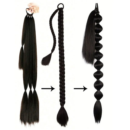 0'' Braids Ponytail Extensions Long DIY ith Elastic Tie Straight Wrap Around Braid Hair Extensions Synthetic Hairpiece for Women