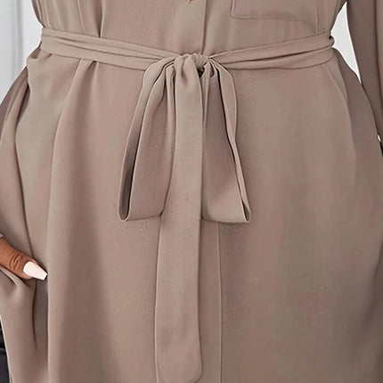 Plus Size Solid Belted Button Front Shirt, Elegant Curved Hem Long Sleeve Shirt For Spring & Fall, Women's Plus Size Clothing