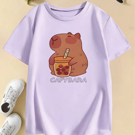 Girls' Trendy Capybara Letter Print Design T Shirts Kids Children's T-shirt Boys Girls Summer Spring Casual Top Tee