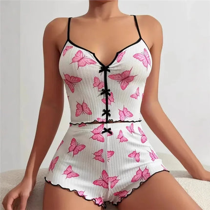 New Hot Sale Of The Season Heart Pattern Color Block Sleepwear Set with Slit in Front Strap Women's Vest Tops Non-Stitched Exte
